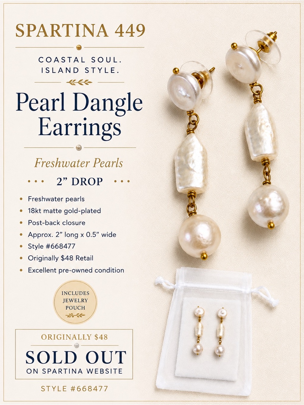 Spartina 449 Pearl Dangle Earrings Freshwater Pearl Gold Tone
